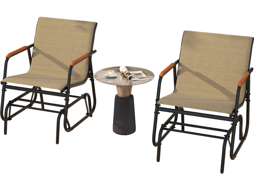 Patio glider chair set of 2 with curved teak armrests and breathable fabric, perfect for backyard relaxation.