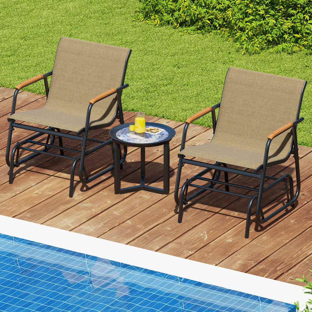 Patio glider chair set of 2 with curved teak armrests and breathable fabric, ideal for poolside relaxation.