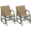 Set of 2 patio glider chairs with curved teak armrests and breathable fabric seats, perfect for outdoor relaxation.