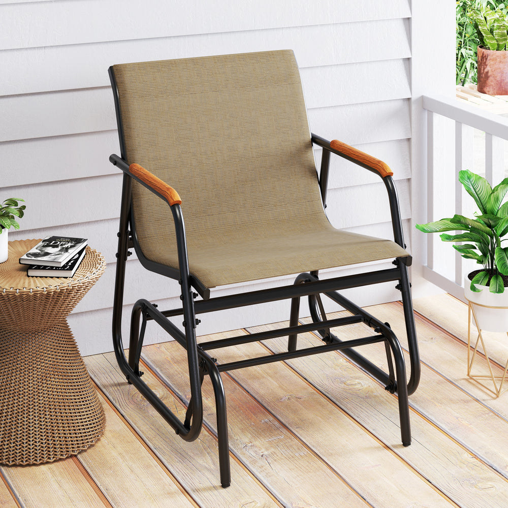 Patio glider chair with curved teak armrests and breathable fabric seat, perfect for outdoor relaxation on the porch.