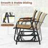 Patio glider chair set of 2 with curved teak armrests and breathable fabric seat, perfect for outdoor relaxation.