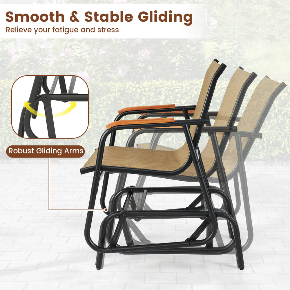 Patio glider chair set of 2 with curved teak armrests and breathable fabric seat, perfect for outdoor relaxation.