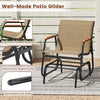 Patio glider chair with curved teak armrests and breathable fabric seat, perfect for backyard relaxation.