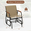 Patio glider chair dimensions with curved teak armrests and breathable fabric seat, supports up to 330 lbs for outdoor.