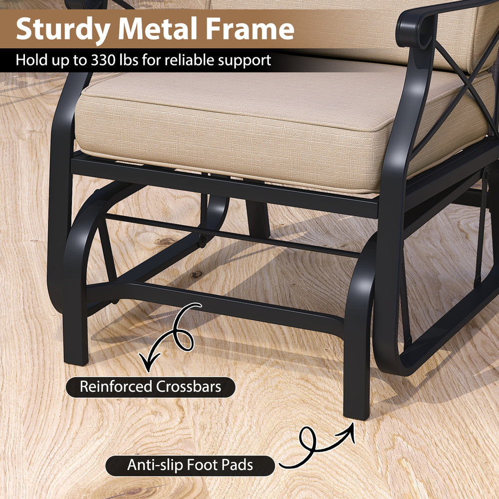 Sturdy metal frame of the patio glider rocking chair with reinforced crossbars and anti-slip foot pads for stability.
