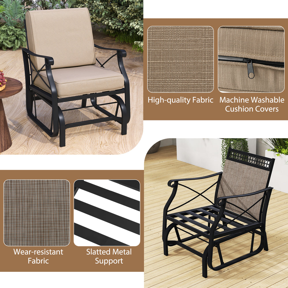 Patio glider rocking chair with metal frame, thick brown cushions, and ergonomic design for outdoor relaxation.