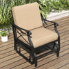 Patio glider rocking chair with a sturdy metal frame and thick brown cushions, perfect for outdoor relaxation on the.