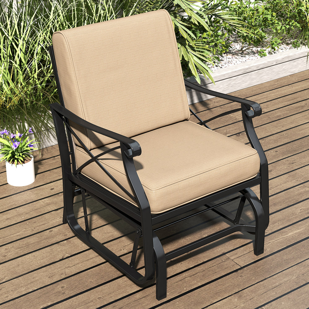 Patio glider rocking chair with a sturdy metal frame and thick brown cushions, perfect for outdoor relaxation on the.