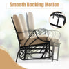Patio glider rocking chair in tan with thick cushion and curved armrests, designed for comfortable outdoor relaxation.