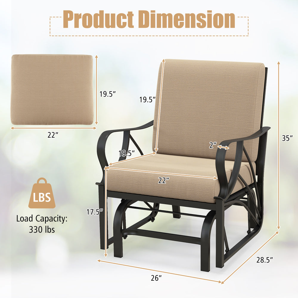 Patio glider rocking chair with tan cushion, curved armrest, and dimensions for outdoor relaxation, supports 330 lbs.