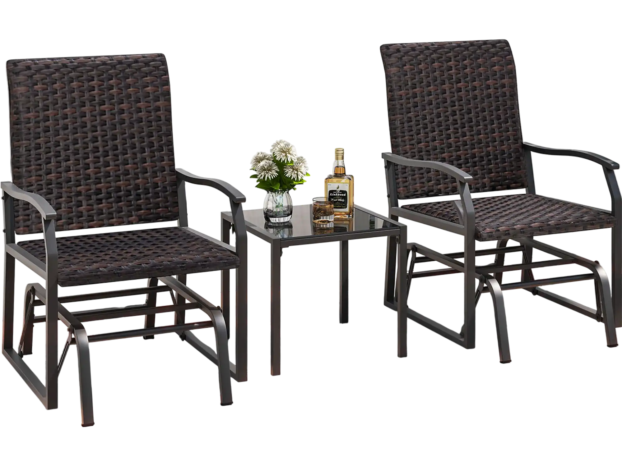 Costway 3-Piece Patio Gliding Furniture Set w/ Tempered Glass Coffee Table Brown 76189342 New