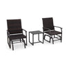 3-piece patio gliding set featuring brown rattan chairs and a tempered glass coffee table for outdoor relaxation.