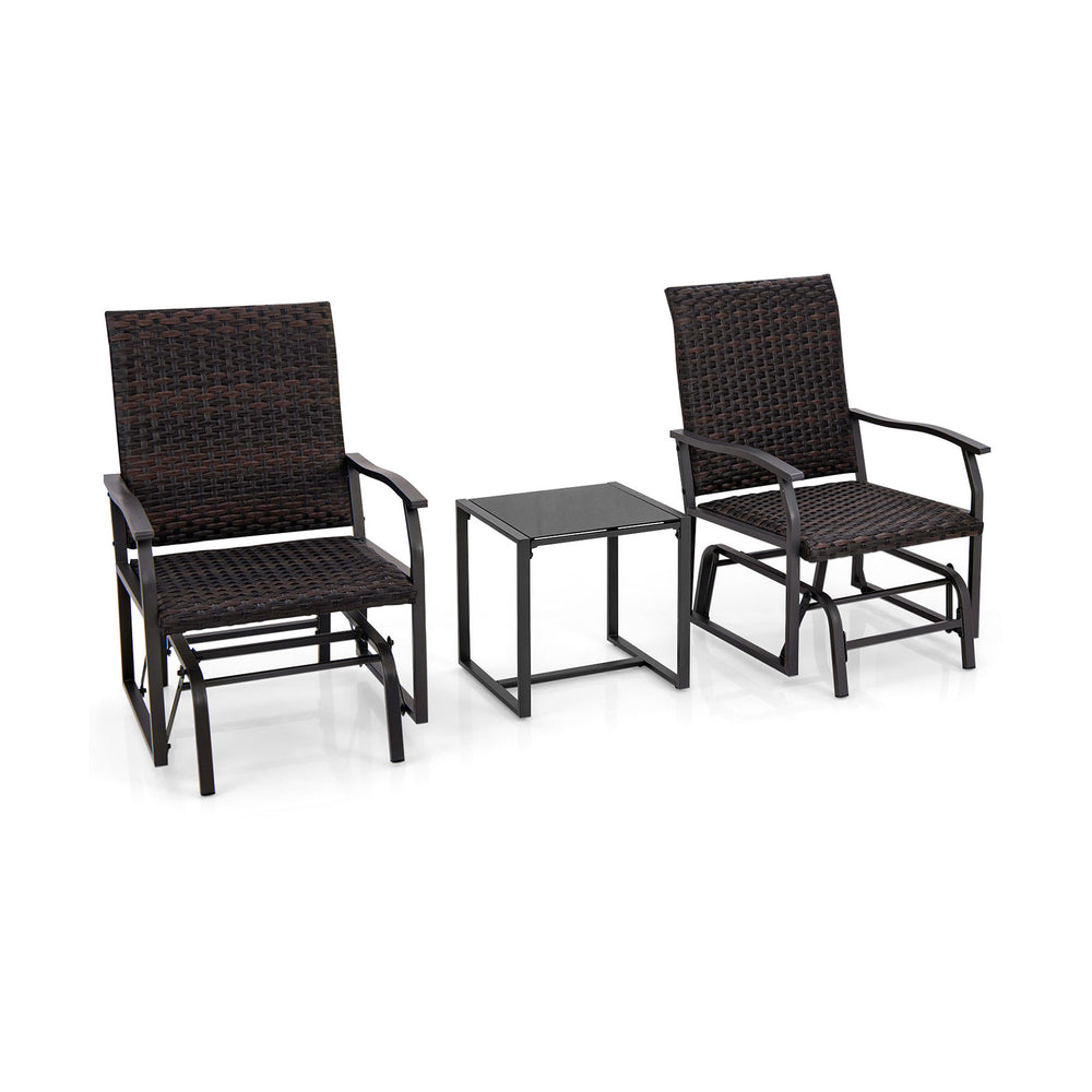 3-piece patio gliding set featuring brown rattan chairs and a tempered glass coffee table for outdoor relaxation.