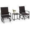 3-piece patio gliding set with brown rattan chairs and tempered glass coffee table, perfect for backyard relaxation.