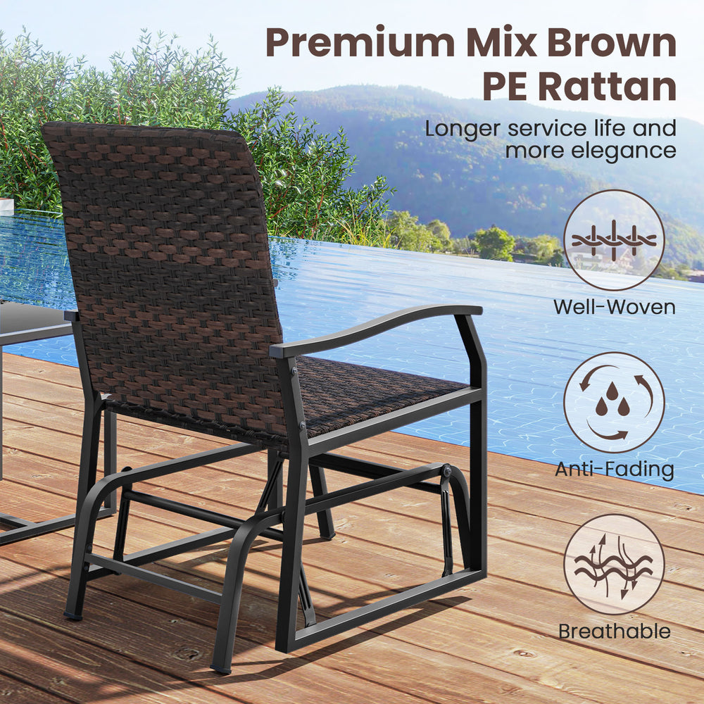 Patio glider chair in premium mix brown PE rattan with curved armrests, ideal for backyard relaxation.