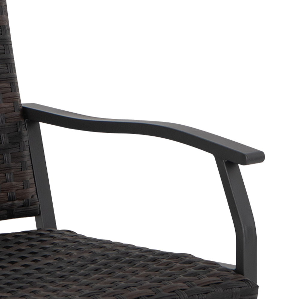 Close-up of the cushioned seat and curved armrest of the 3 Piece Patio Gliding Set in all-weather brown rattan.