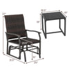 Patio gliding chair with brown rattan, cushioned seat, and tempered glass coffee table for outdoor relaxation.