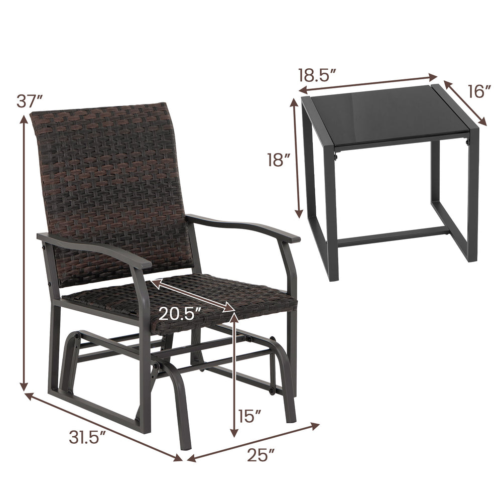 Patio gliding chair with brown rattan, cushioned seat, and tempered glass coffee table for outdoor relaxation.