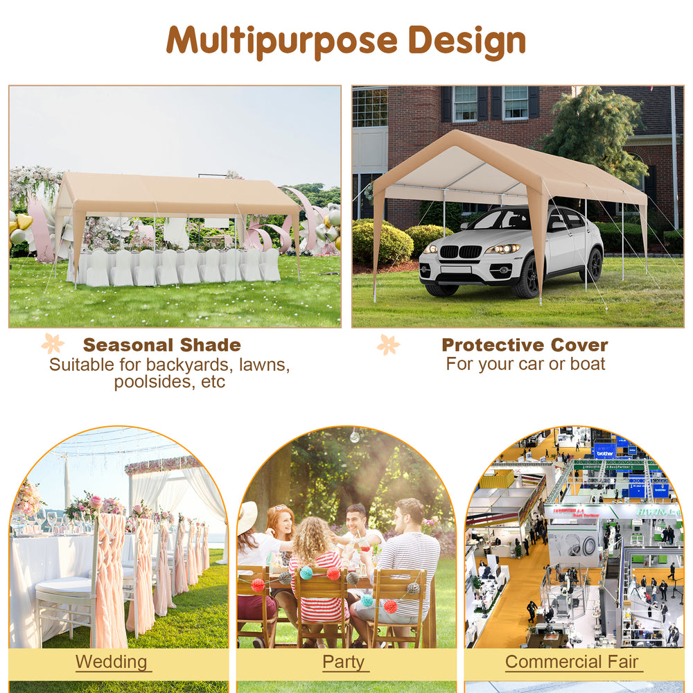 10x20 feet heavy-duty all-weather carport with PE canopy, ideal for vehicle protection in various outdoor settings.