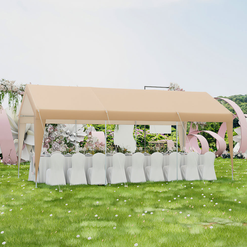Heavy-duty 10 x 20 feet patio carport with a beige PE canopy, ideal for protecting vehicles from all-weather conditions.