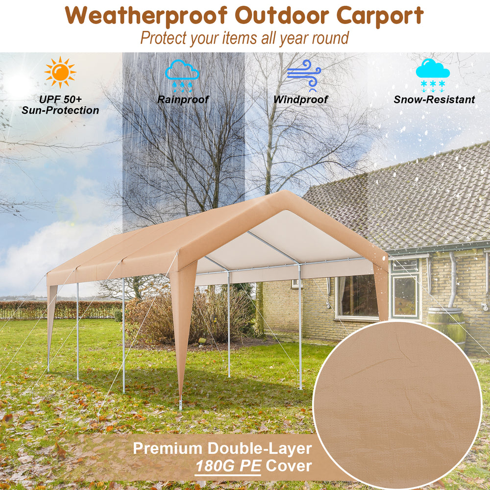 Heavy-duty 10 x 20 feet outdoor carport with a premium double-layer 180G PE cover for all-weather protection.