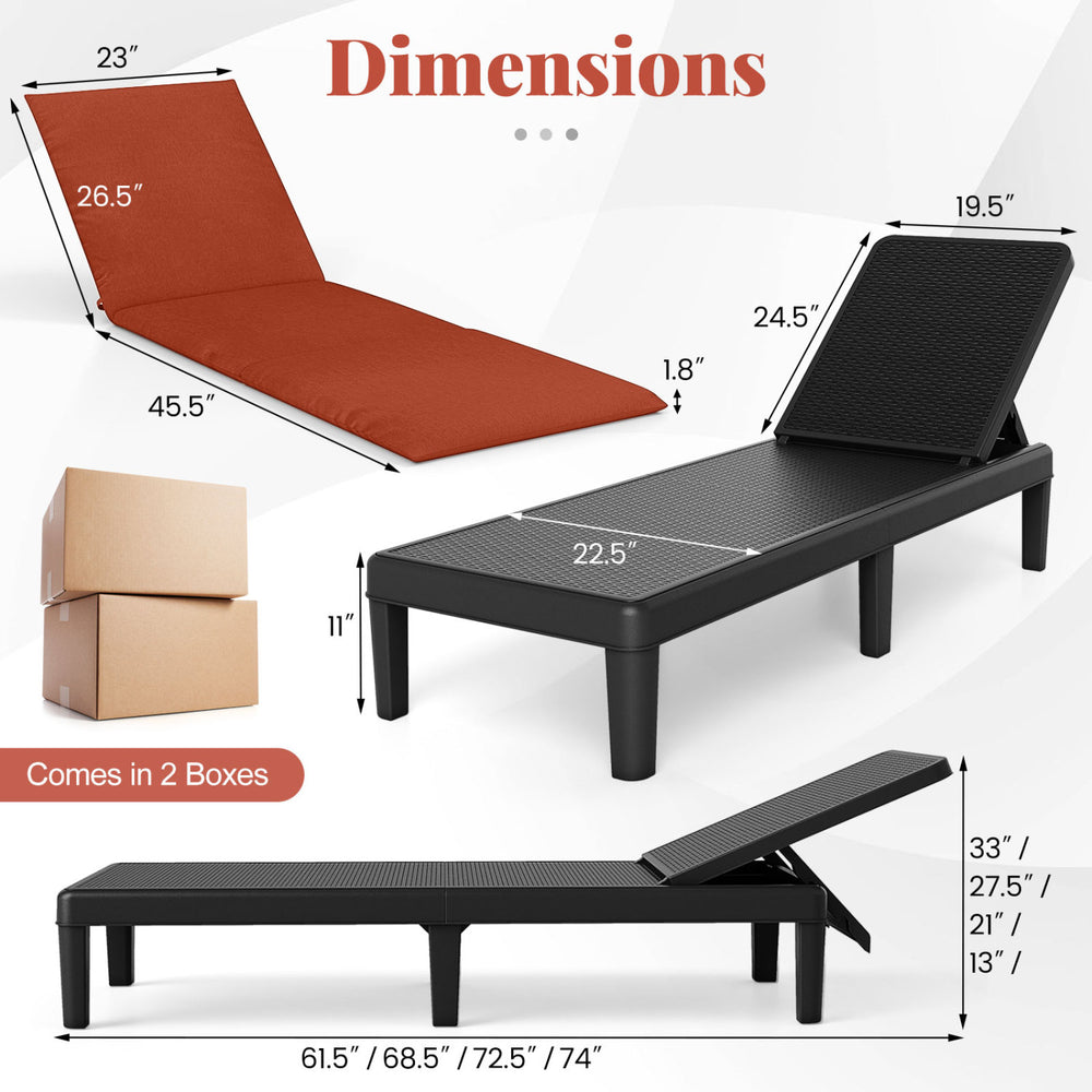 Patio lounge chair with adjustable backrest and orange cushion, featuring rattan texture and all-weather PP material.