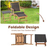 Folding lounge chair with retractable ottoman and acacia wood table, featuring brown PE wicker for outdoor comfort.