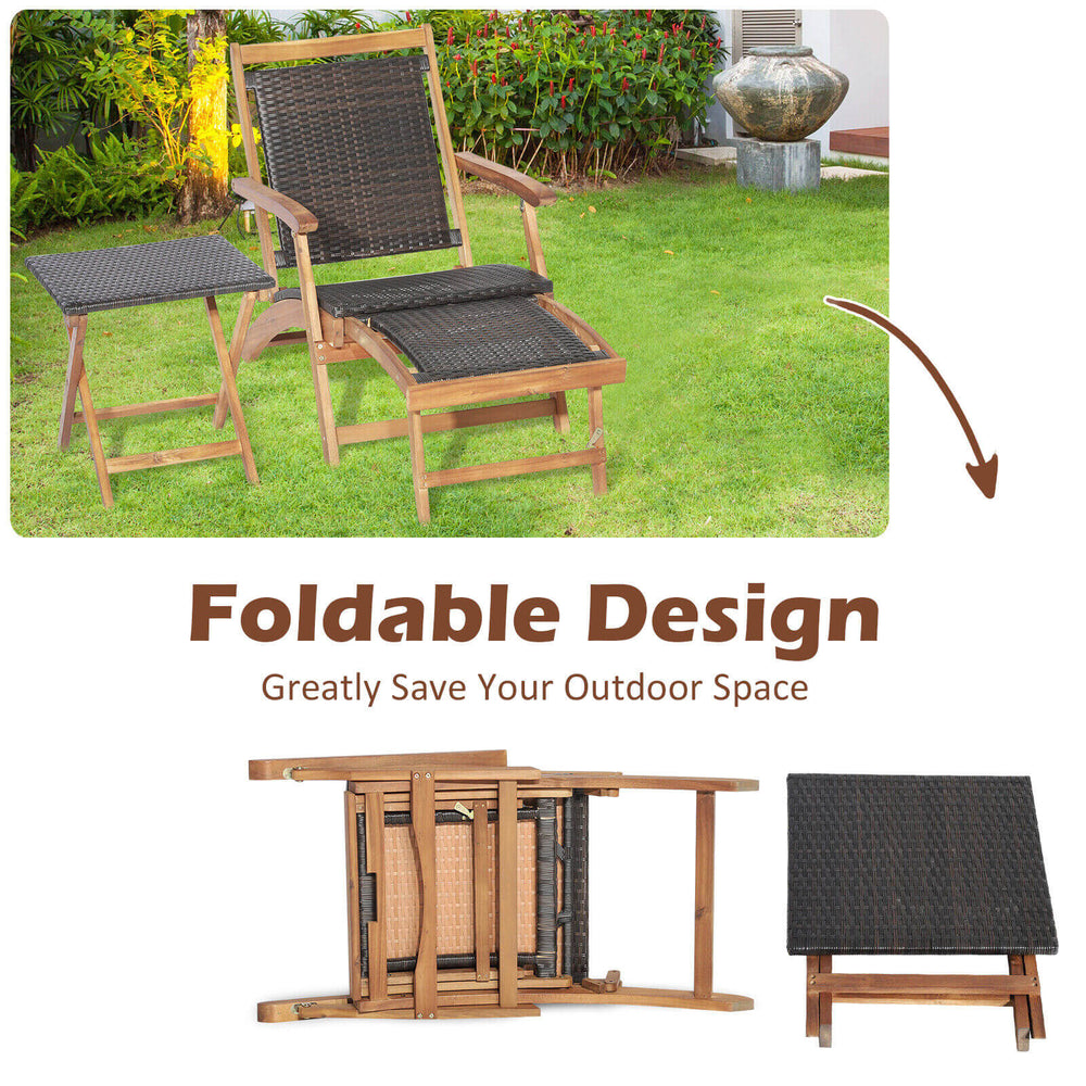Folding lounge chair with retractable ottoman and acacia wood table, featuring brown PE wicker for outdoor comfort.