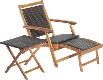 Costway 2-Pc Patio Rattan Folding Lounge Chair Set w/ Acacia Wood Table 46238195 New