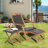 Folding lounge chair with retractable ottoman and acacia wood table, perfect for patio and garden relaxation.