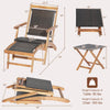 Folding lounge chair with retractable ottoman in brown PE wicker and acacia wood, ideal for patio and garden use.