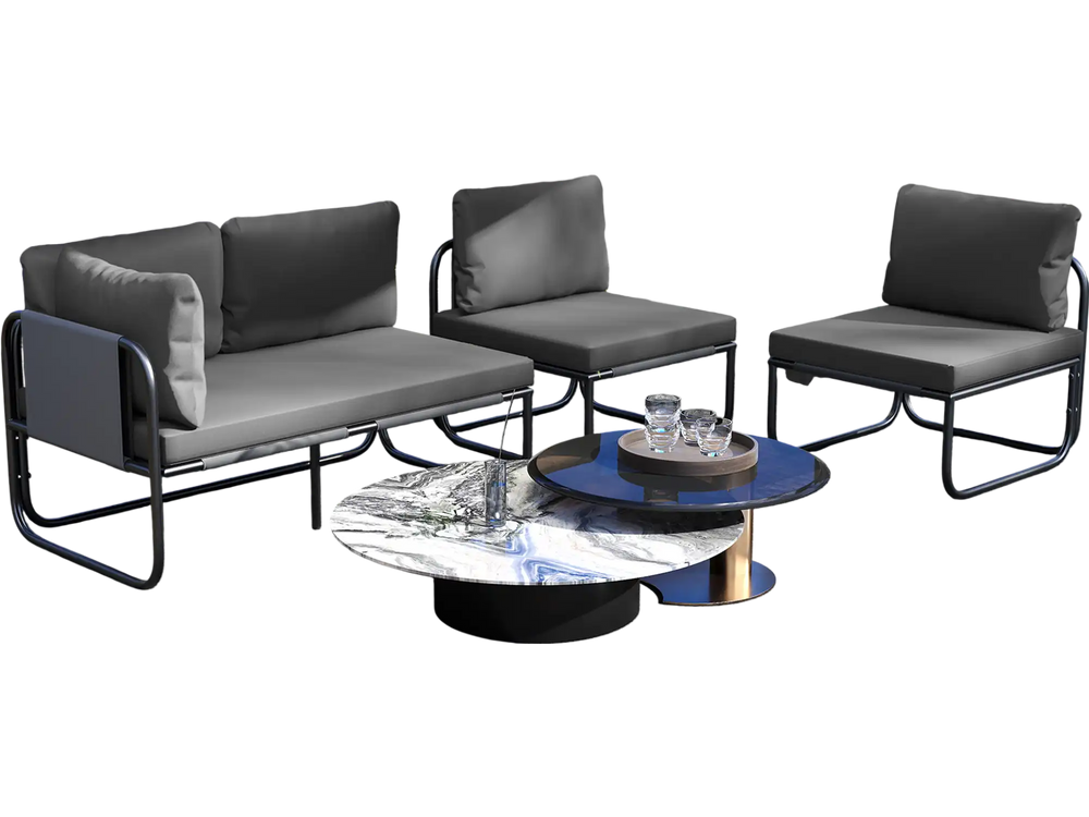 Gray patio loveseat sofa with removable cushions, featuring a robust metal frame, ideal for outdoor relaxation by the.