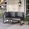 Gray patio loveseat sofa couch with removable pillows, metal frame, and side armrests for outdoor relaxation.