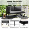 Gray patio loveseat sofa with removable pillows, robust metal frame, and adjustable foot pads for outdoor comfort.