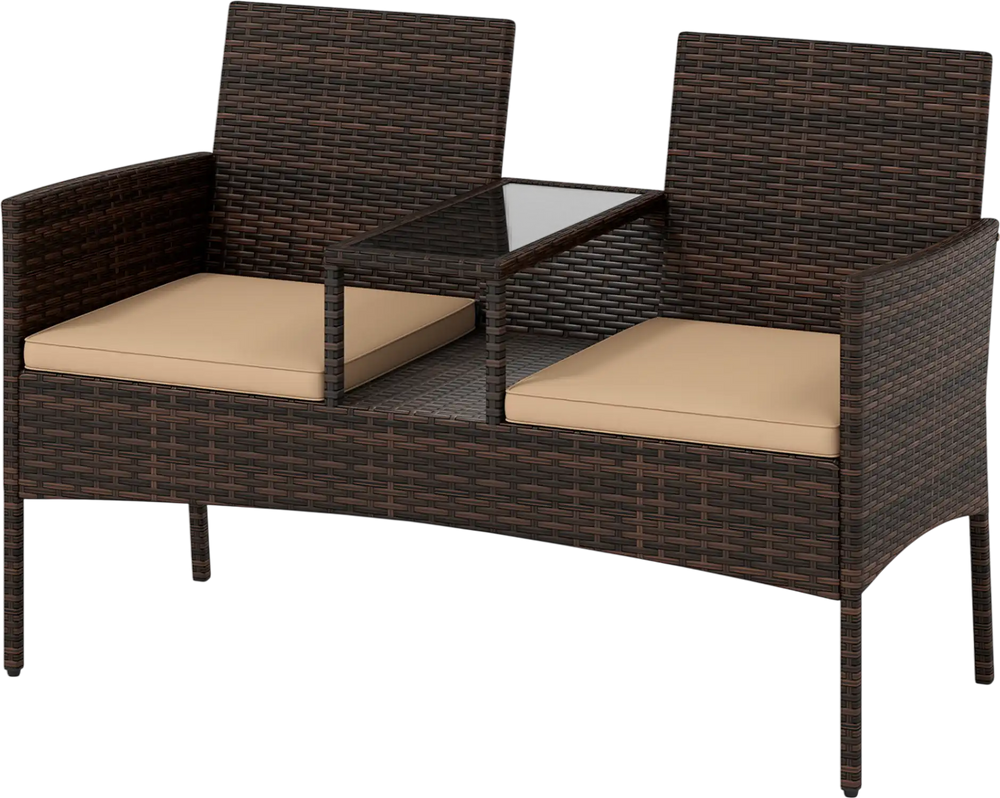 Curved brown patio loveseat made of handwoven PE rattan with cushions and built-in coffee table for outdoor relaxation.