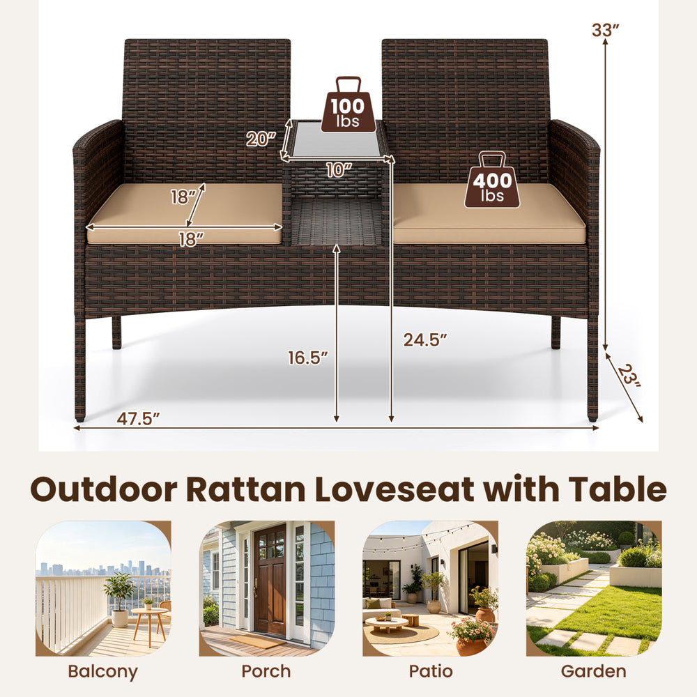 Patio loveseat set features handwoven PE rattan, ergonomic design, and a built-in coffee table for outdoor relaxation.