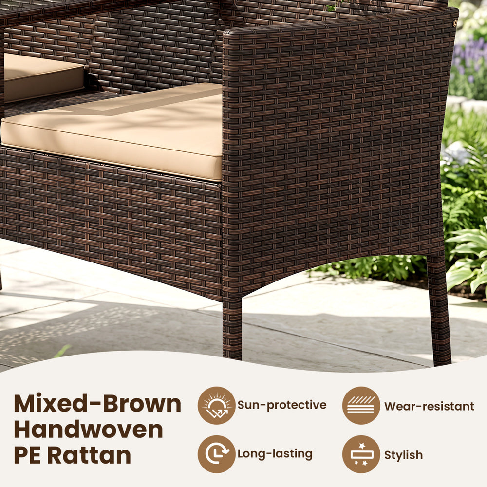 Patio loveseat set in mixed-brown handwoven PE rattan features ergonomic design and high-density cushions for outdoor comfort.