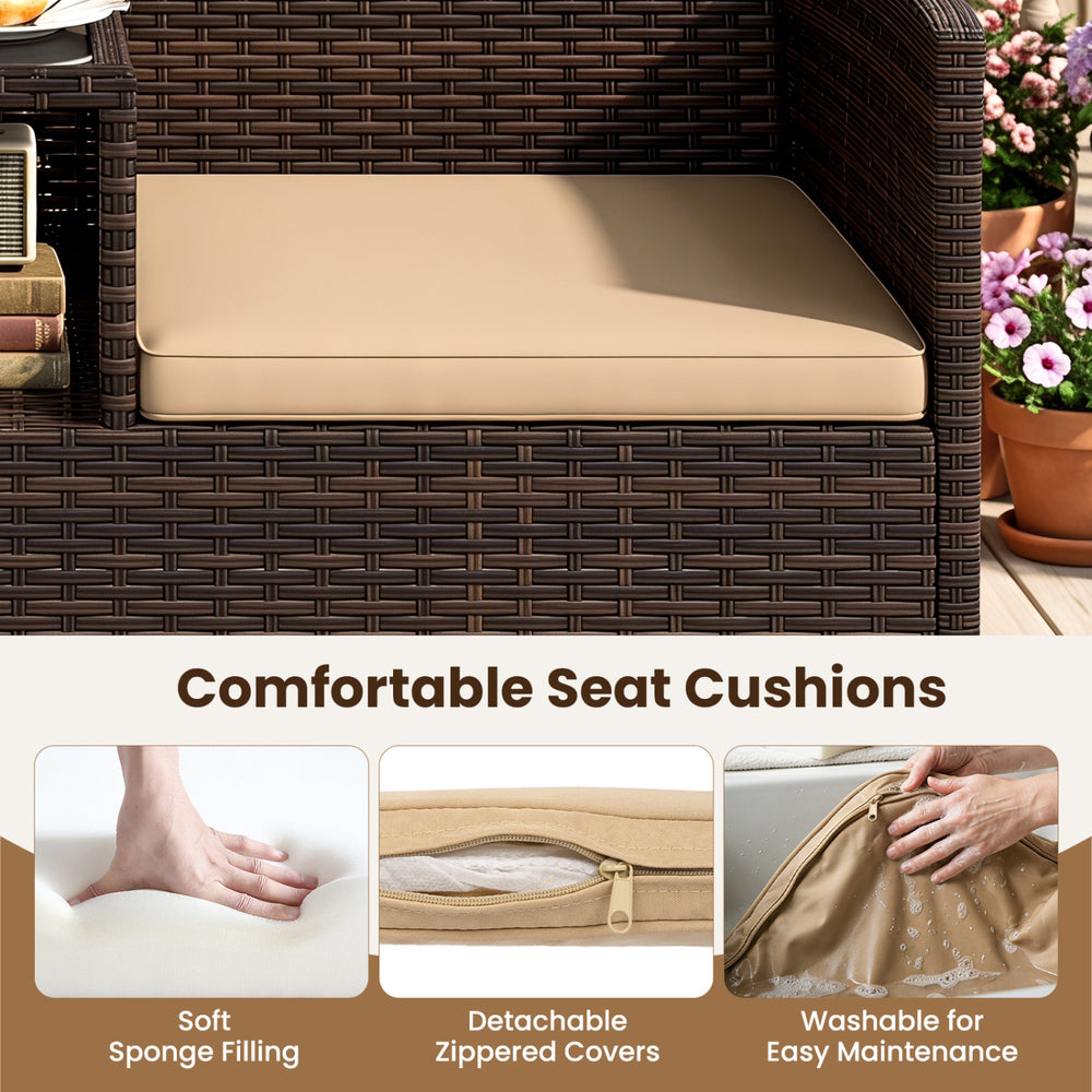 Comfortable beige seat cushion with soft sponge filling for the brown patio loveseat wicker conversation set.