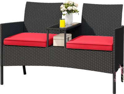 Costway Patio Loveseat Built-in Table Red 728916543 New