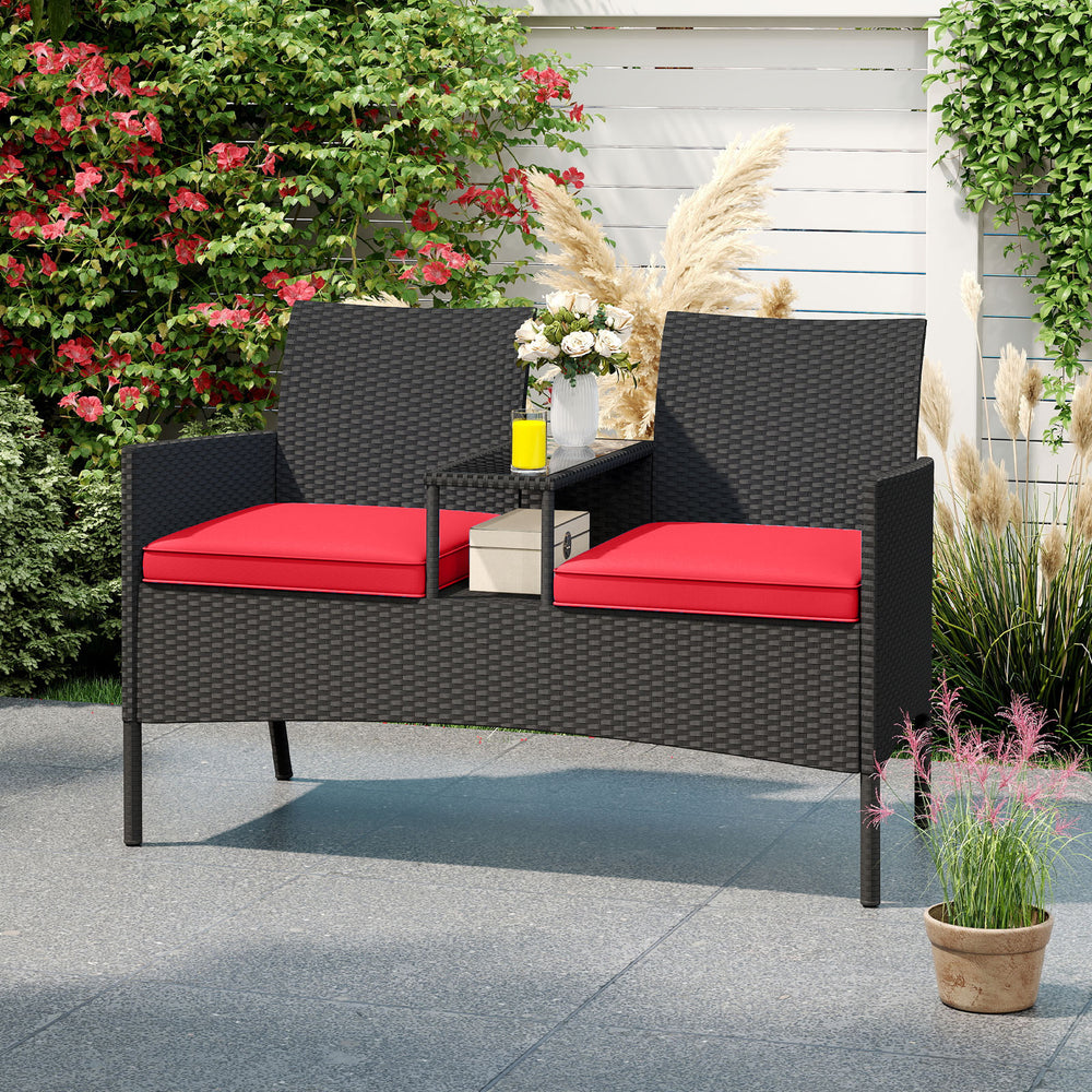 Patio Loveseat with Built-in Table for Backyard Porch-Red - Gallery View 1 of 10