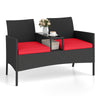 Patio loveseat with built-in table, hand-woven PE rattan, red cushions, ideal for backyard or porch relaxation.