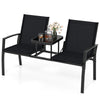 Patio loveseat with built-in table in black, featuring breathable fabric and a sturdy metal frame, perfect for outdoor.