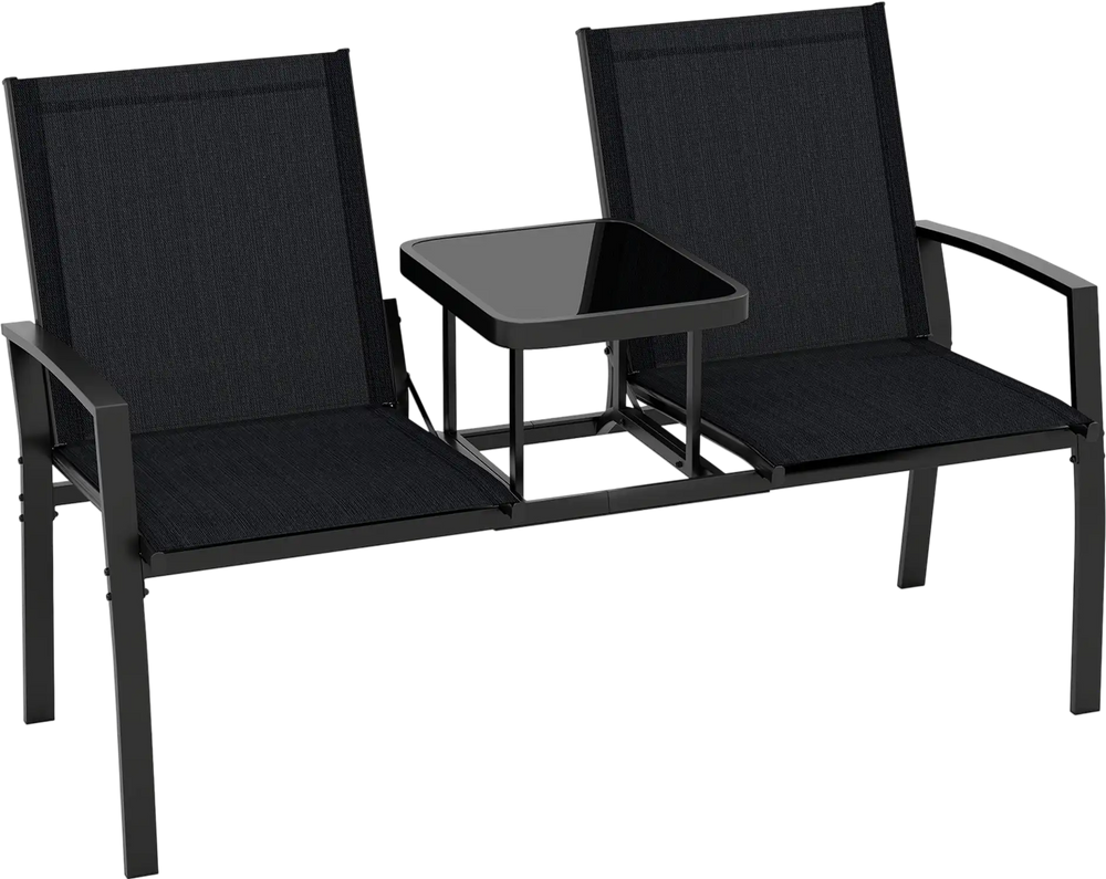 Patio loveseat with built-in tempered glass table, breathable fabric, and sturdy metal frame, perfect for garden or.