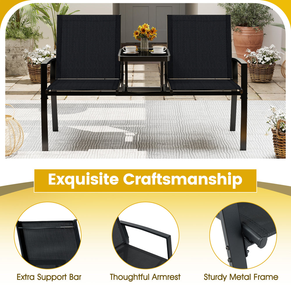Patio loveseat with built-in table, breathable black fabric, sturdy metal frame, ideal for garden or poolside.