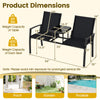 Patio loveseat with built-in table, black fabric, heavy-duty frame, ideal for garden or poolside relaxation.