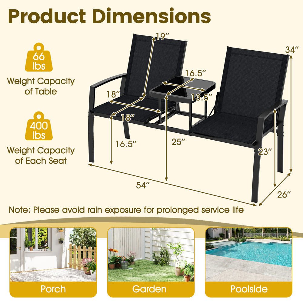 Patio loveseat with built-in table, black fabric, heavy-duty frame, ideal for garden or poolside relaxation.