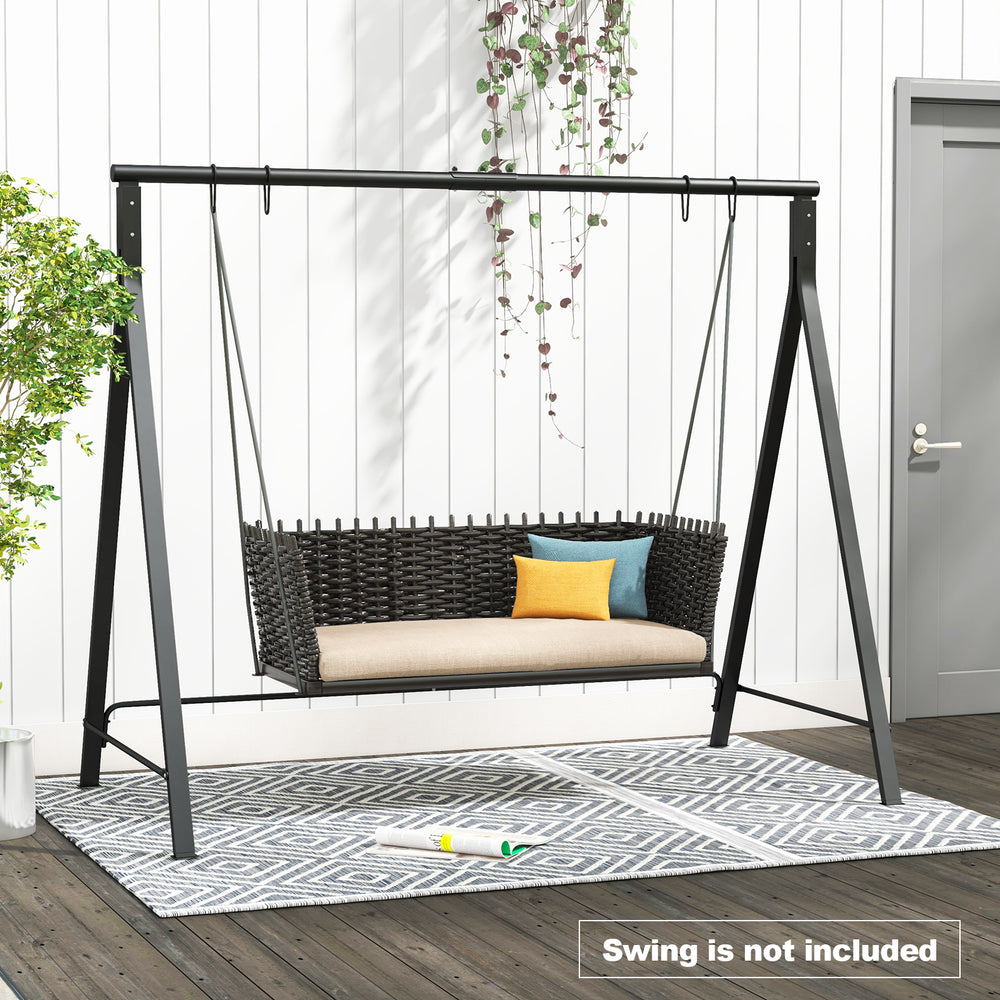 Patio metal swing stand in black, featuring non-slip footpads and an elegant design, perfect for outdoor relaxation.