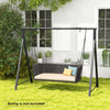 Patio metal swing stand with A-shaped structure in black, designed for stability and suitable for various swing types.