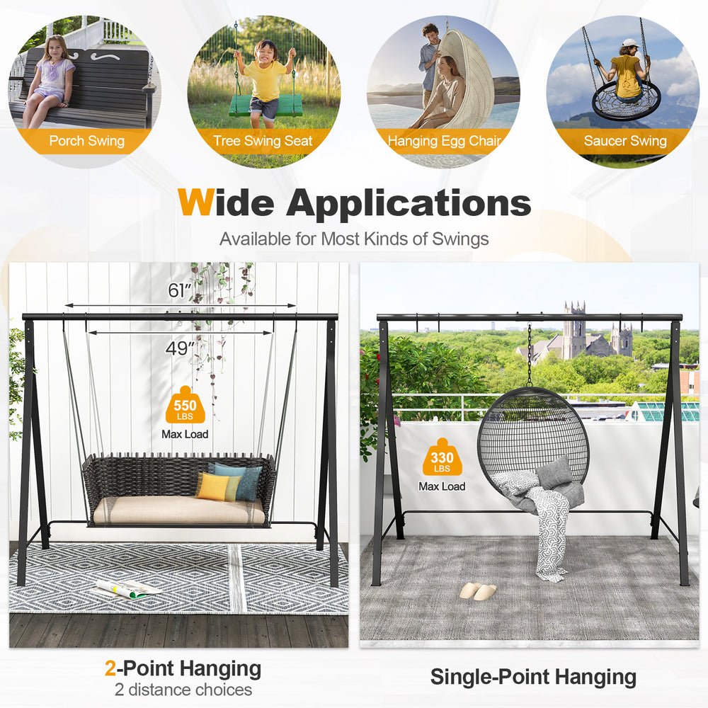 Patio metal swing stand with A-shaped structure, suitable for various swings, featuring a sturdy black frame and.
