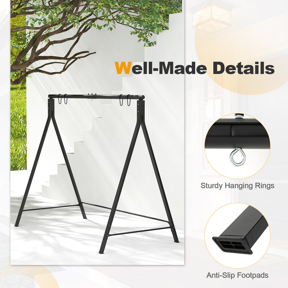 Patio metal swing stand in black features sturdy A-shaped structure and anti-slip footpads for stability and elegance.